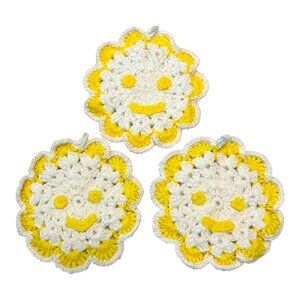 Vintage Crochet Smiley Face Trivets Set of 3 – Yellow & White – 7” Round – Clean